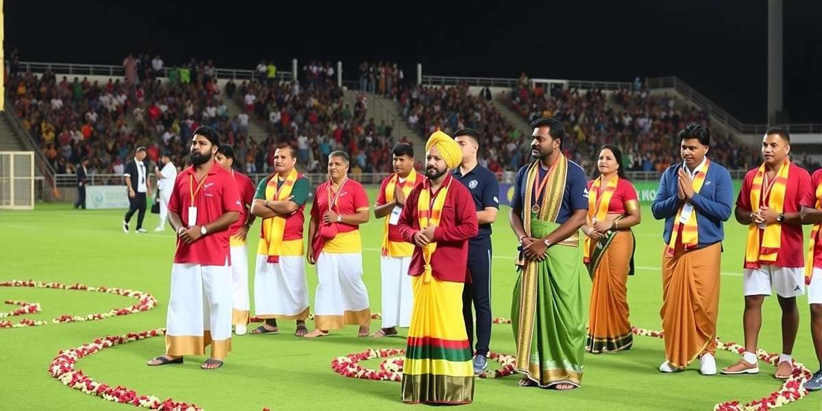 South Indian Football Onam Event South Indian Football Onam special event showing players in traditional Kerala attire and stadium decorated with Onam flowers